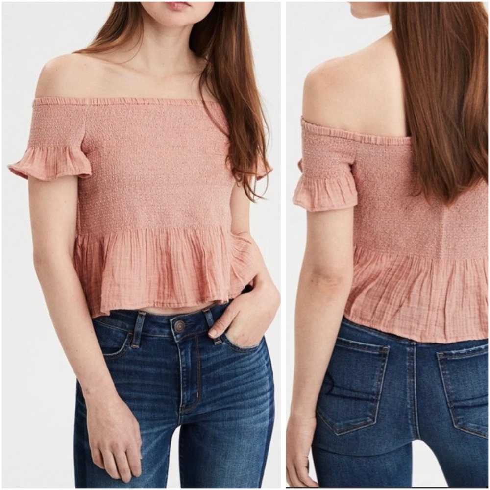 AEO Pink Smocked Crop Top